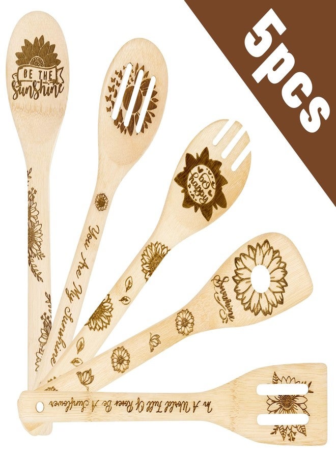 Eartim Sunflower Wooden Spoon Utensils - 5Pcs Summer Sunflower Theme Kitchen Cooking Utensil Set Natural Non-Stick Carve Burned Bamboo Cooking Spoon Slotted Spatulas Kitchen Tool Birthday Wedding Gift - Image 2